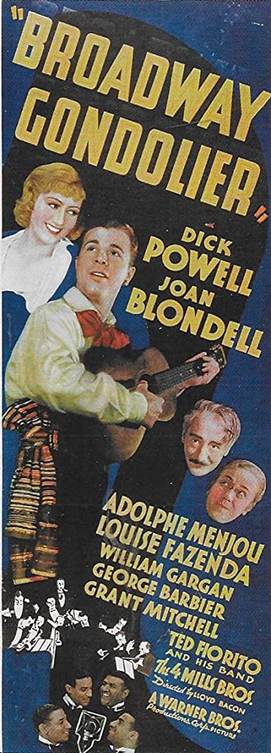Joan Blondell, Louise Fazenda, Adolphe Menjou, Donald Mills, Harry Mills, Herbert Mills, John Mills, Dick Powell, and The Mills Brothers in Broadway Gondolier (1935)